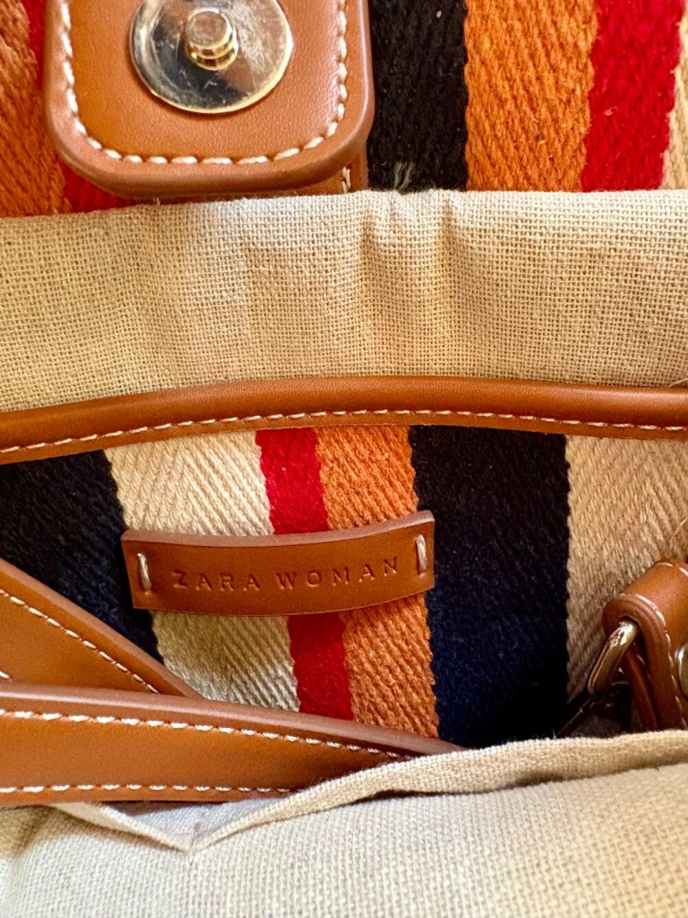 Zara Woman Striped Canvas Tote Crossbody Bag - Picture 8 of 8